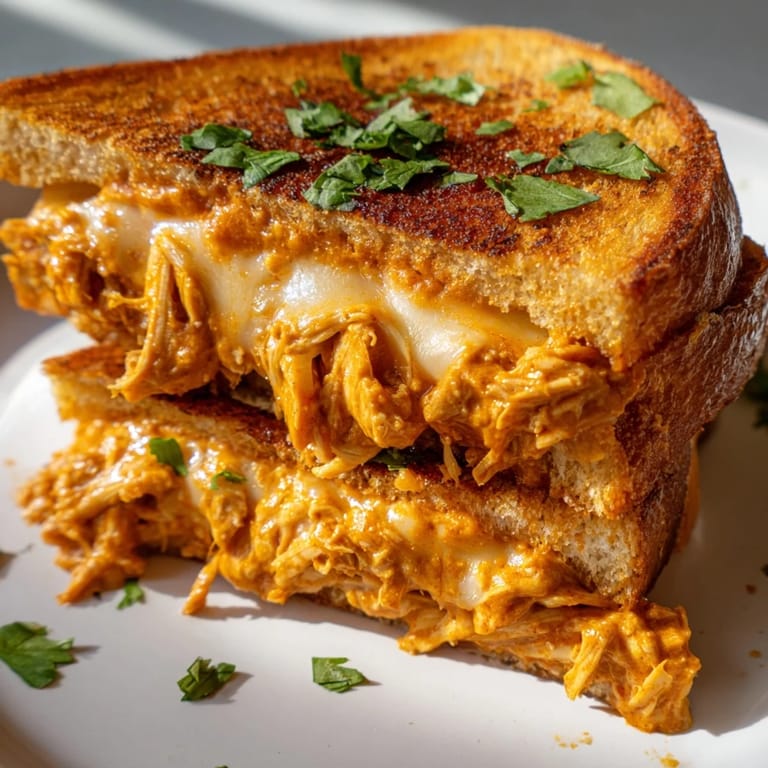 Warm, fragrant butter chicken filling spilling from a Savory Butter Chicken Grilled Cheese sandwich.