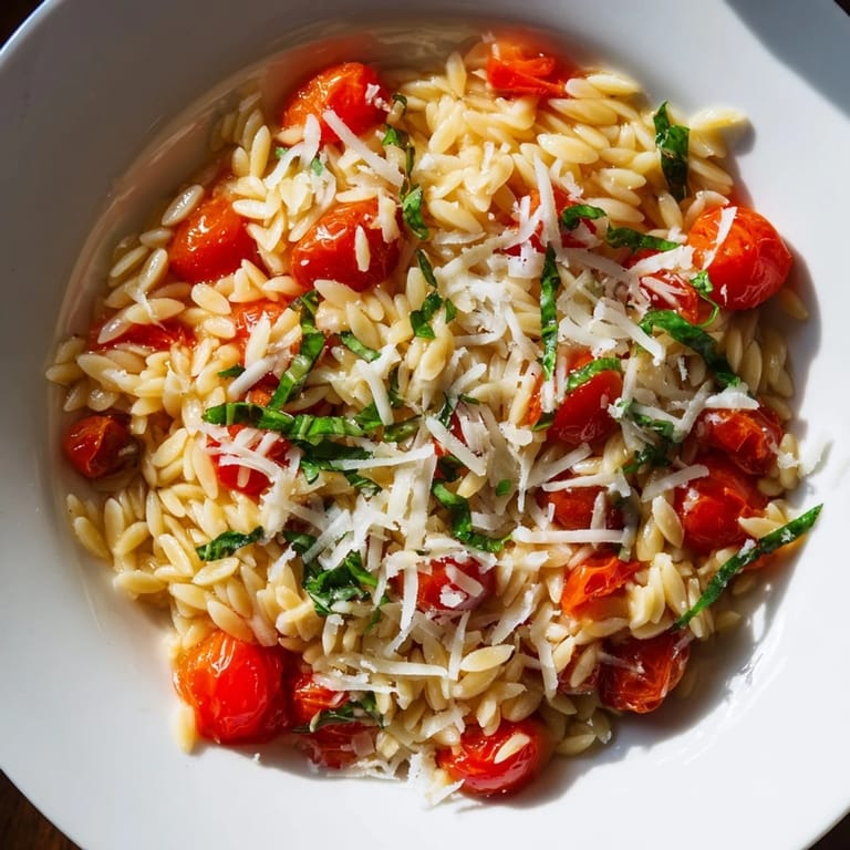 A close-up of steaming Orzo Tomato Parmesan; the pasta is tossed with fresh basil.