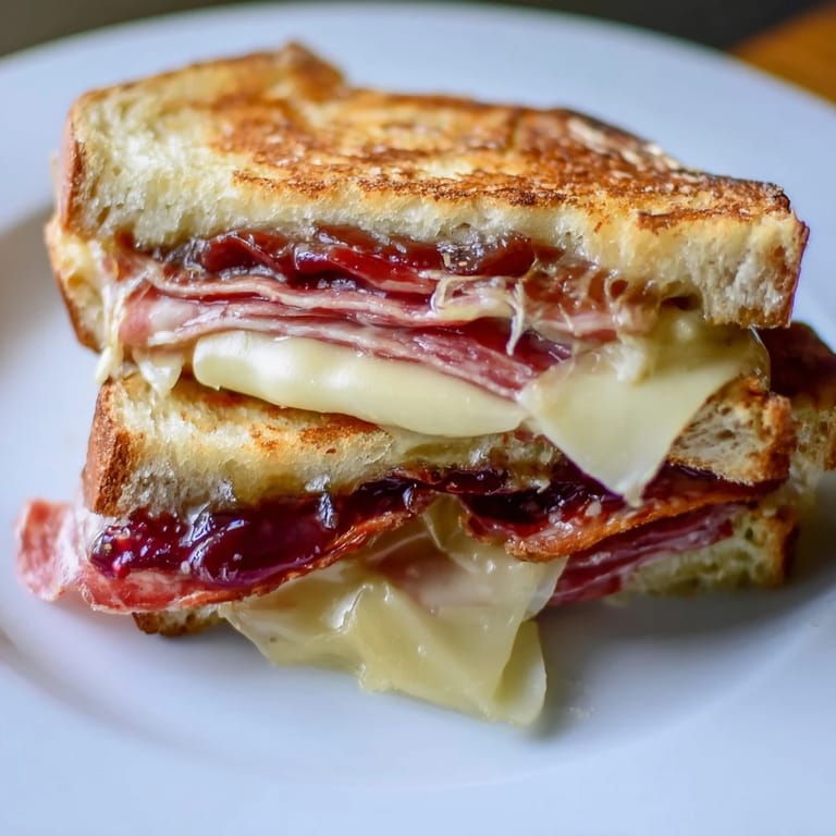 Indulge in this image of a warm, melty Charcuterie Grilled Cheese, ready for a delicious bite.