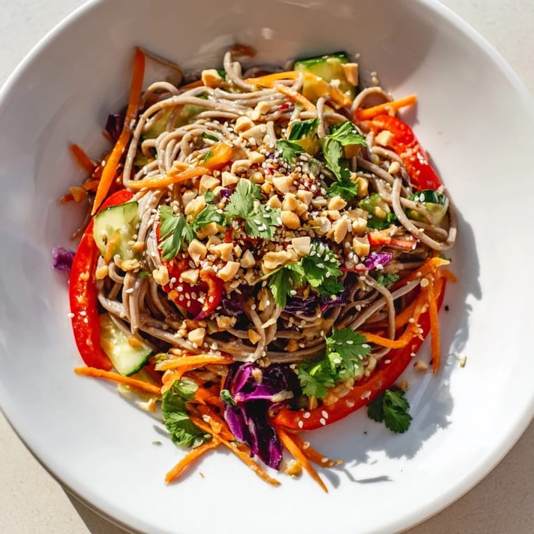 Close-up of Cold Noodle Salad, showcasing cool noodles, colorful vegetables, and a delicious sesame ginger dressing.