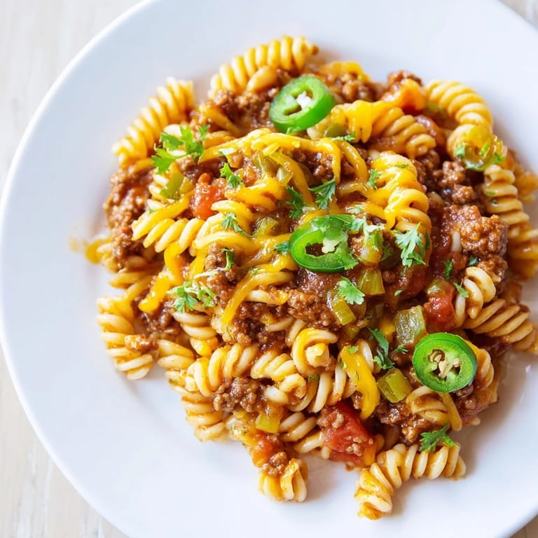 A vibrant photo showcases the delicious beef taco pasta skillet, ready to serve with fresh cilantro.
