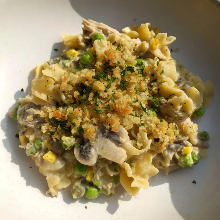 Enjoy a comforting bowl of homemade Tuna Noodle Casserole 2.0, brimming with flavorful filling.