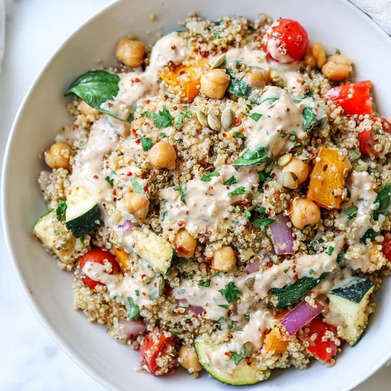 A colorful overhead view of the Quinoa Power Protein Salad, vibrant and healthy with fresh herbs on top.