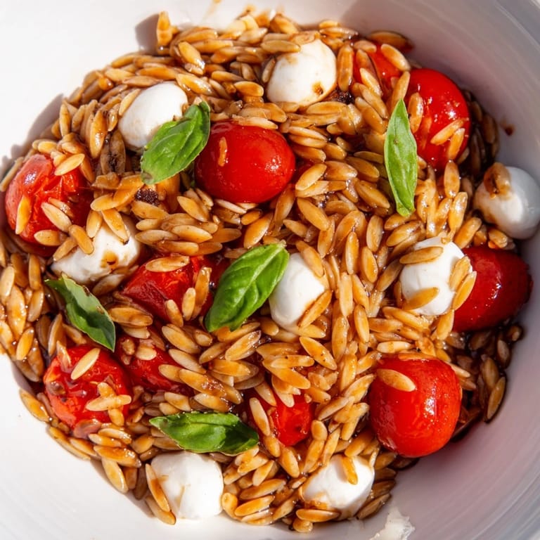 Close-up of a vibrant Caprese Orzo Salad, showcasing fresh basil and Italian flavors everyone loves.
