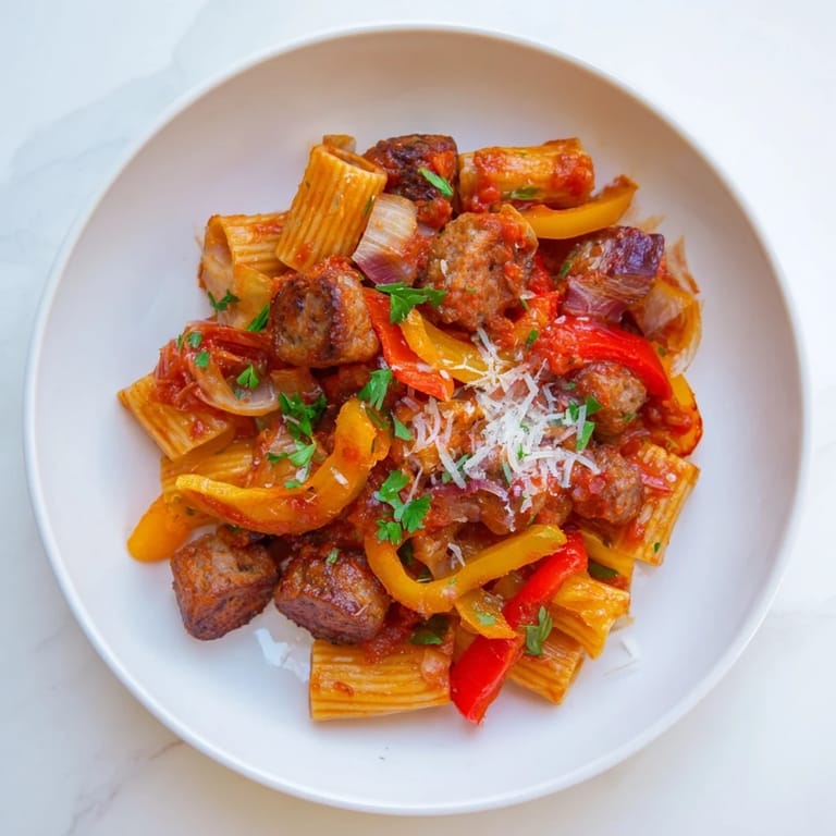 Deliciously plated Sausage and Peppers Pasta, ready for a comforting Italian-American dinner experience.