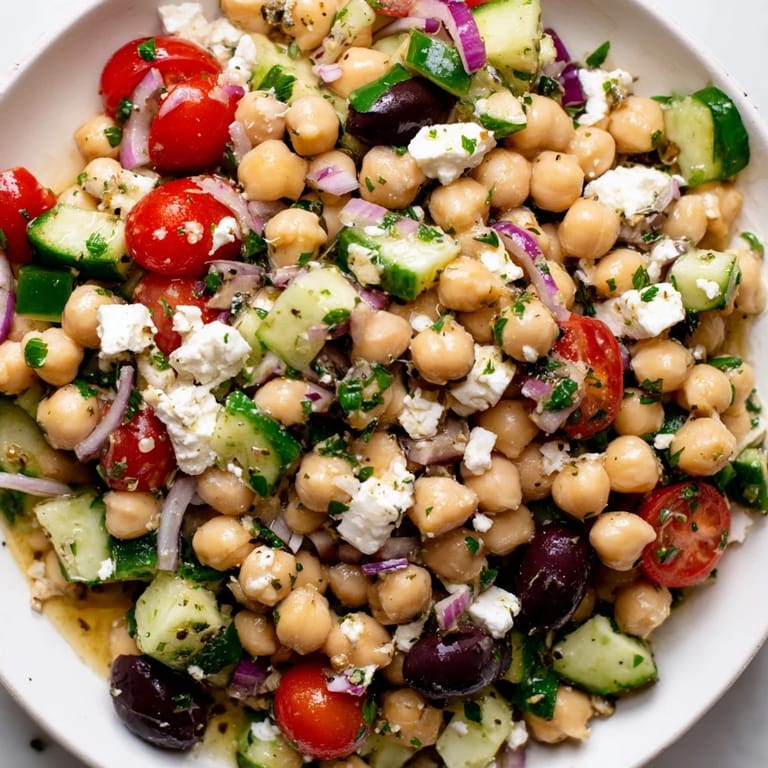 Enjoy a refreshing scoop of Mediterranean Chickpea Salad, perfect as a light, flavorful vegetarian meal.