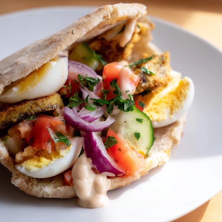 A delicious vegetarian Israeli Sabich featuring stacked ingredients, drizzled with creamy tahini sauce.
