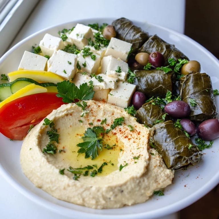 This vibrant Turkish meze platter showcases an array of delicious appetizers, perfect for sharing and dipping.