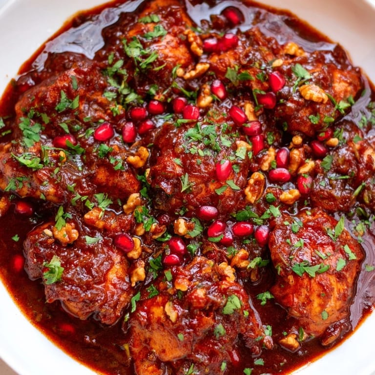 A close-up of a steaming bowl of Iranian Fesenjan stew with glistening, walnut-infused sauce and tender meat.