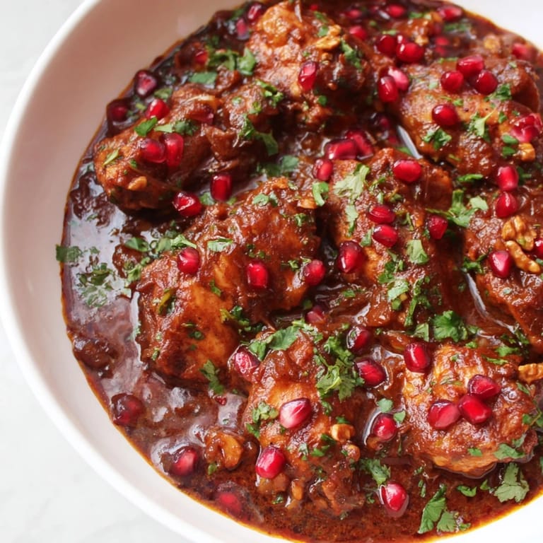 Garnished Iranian Fesenjan stew, a flavorful Persian dish, ready to be enjoyed with fluffy rice.