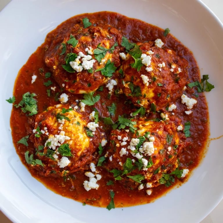This flavorful Israeli Shakshuka features perfectly poached eggs nestled in a rich tomato base, ready to enjoy.