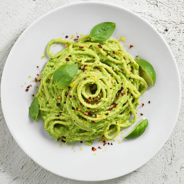 Vibrant green avocado sauce coats spaghetti noodles, with lime wedges and chili flakes on a rustic plate.  