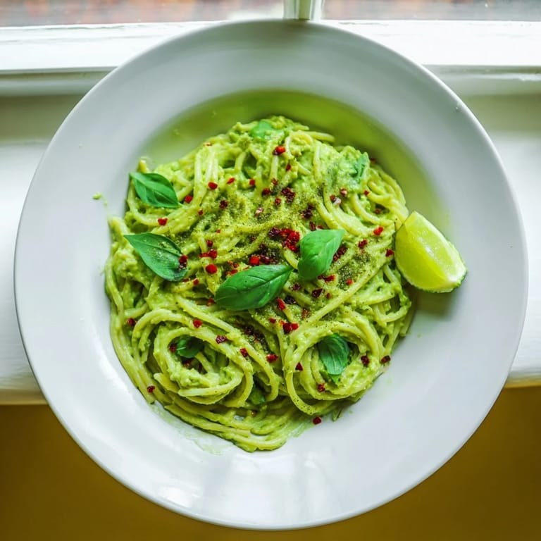 A bowl of smashed avocado pasta topped with herbs and chili flakes, ready to enjoy with a fork.