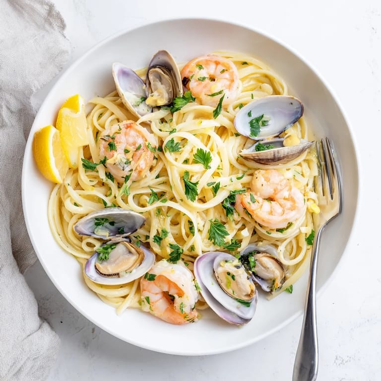 Freshly cooked Seafood Linguine in a shallow bowl, steam rising from linguine coated in garlic and white wine sauce with red pepper flakes.