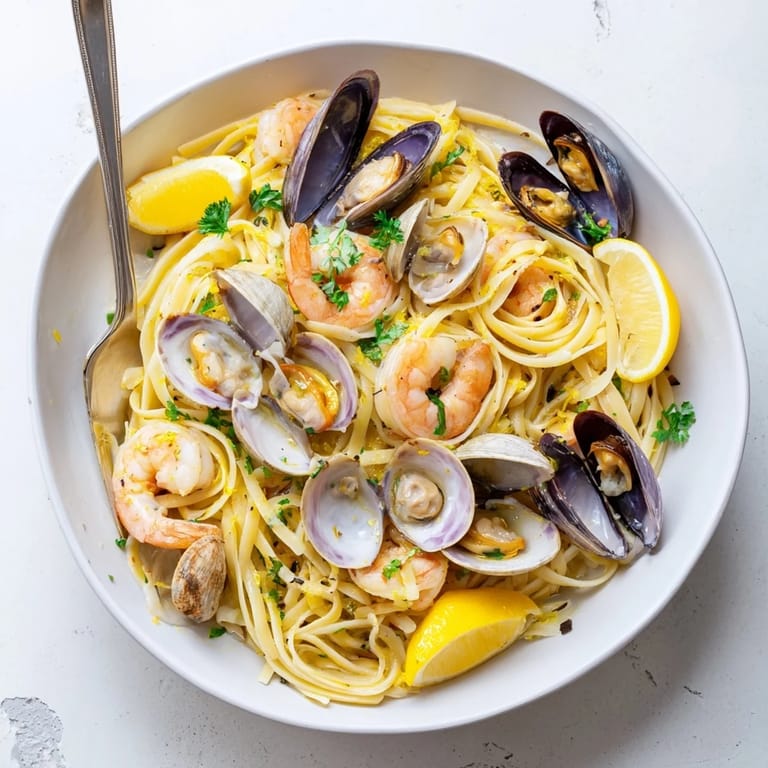 A close-up of Seafood Linguine twirled on a fork, highlighting tender shrimp and mussels in a lemony, buttery sauce beside a crisp white wine.