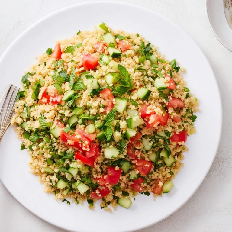 A chilled bowl of fluffy Bulgur Wheat Salad Tabbouleh topped with fresh mint and scallions, served ready to eat.