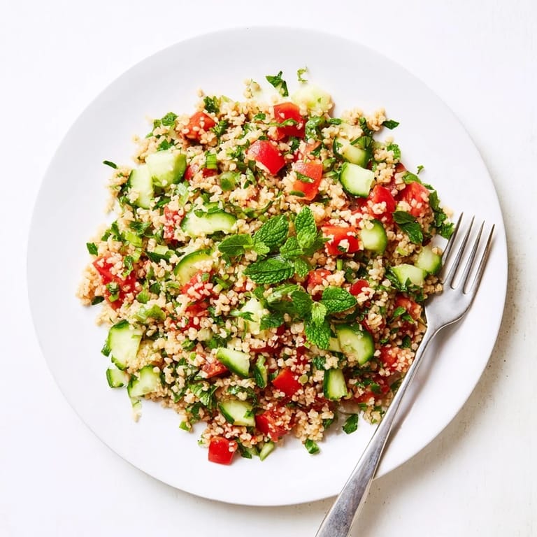 Vibrant Middle Eastern Bulgur Wheat Salad Tabbouleh featuring bulgur, ripe tomatoes, cucumbers, and herbs, tossed in a zesty olive oil dressing.