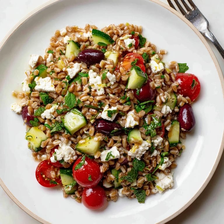 A refreshing bowl of Farro Salad Mediterranean with crisp cucumbers, red onion, and fresh herbs, served as a perfect vegetarian side or light lunch.