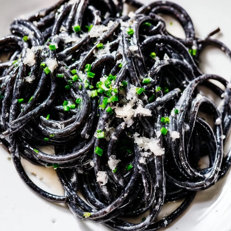 Overhead view of Squid Ink Pasta in a creamy sauce, garnished with chives and cheese, ready to be served at a cozy dinner party.