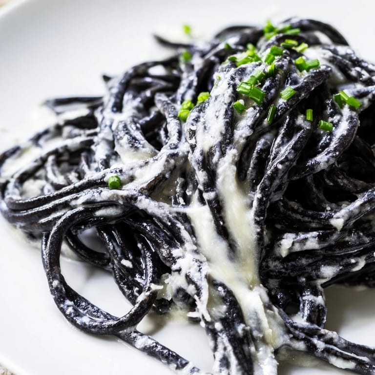 Glossy black Squid Ink Pasta is tossed in a rich cream sauce, served with lemon wedges on the side for a bright, luxurious finish.
