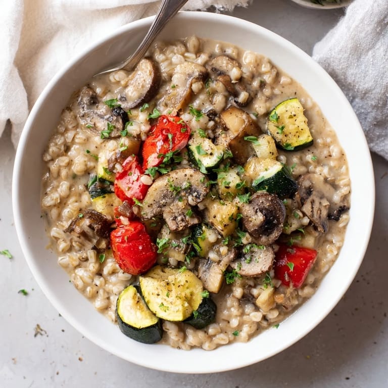 Savory creamy pearled barley served warm with colorful roasted vegetables, a perfect vegetarian main dish for a satisfying lunch.