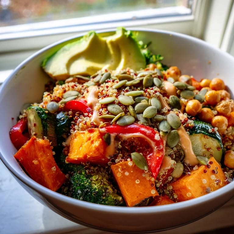 Healthy Quinoa Buddha Bowl served with caramelized zucchini, bell peppers, and a rich tahini dressing, topped with crunchy seeds.