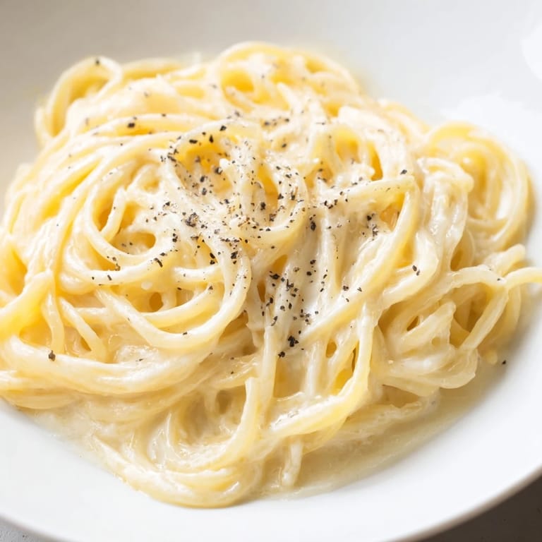 A close-up view of creamy Spaghetti Cacio e Pepe in a skillet, showing the silky, peppery sauce clinging to every al dente strand of pasta.