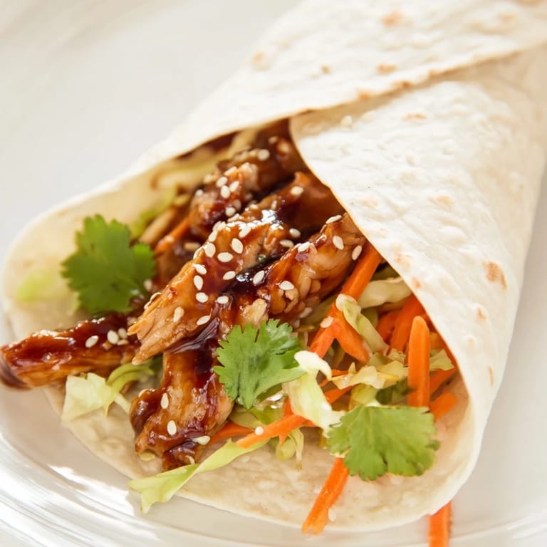 Freshly rolled Teriyaki Chicken Wrap garnished with sesame seeds and cilantro, paired with a side of tangy dipping sauce.  