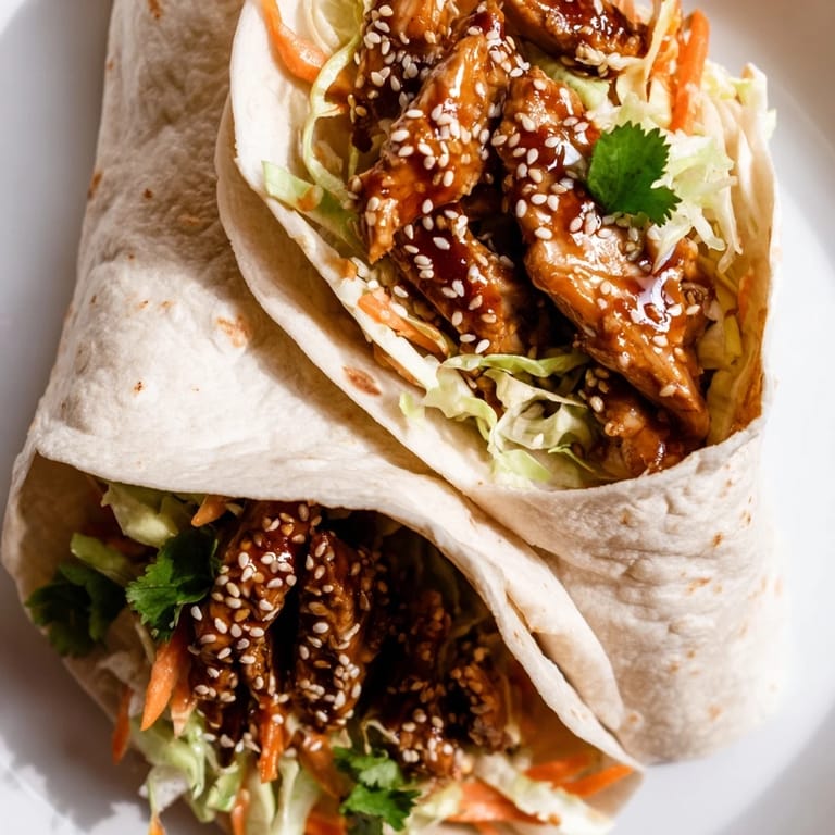Close-up of a Teriyaki Chicken Wrap showing tender chicken, vibrant veggies, and a glossy teriyaki drizzle on a rustic plate.