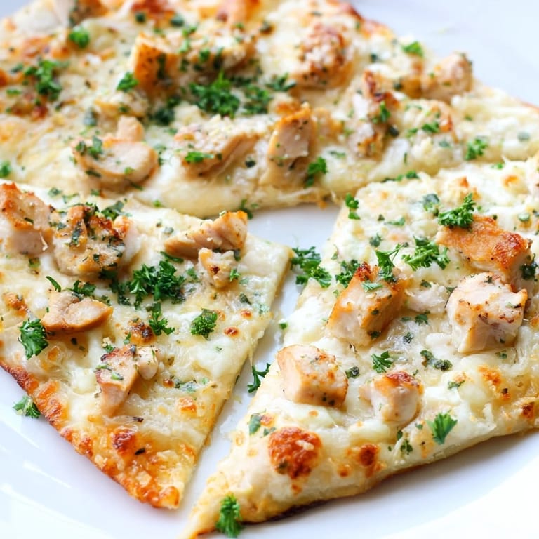 Homemade Chicken Alfredo Pizza with red onion slices and Parmesan, served hot on a marble countertop, ready for a family dinner.