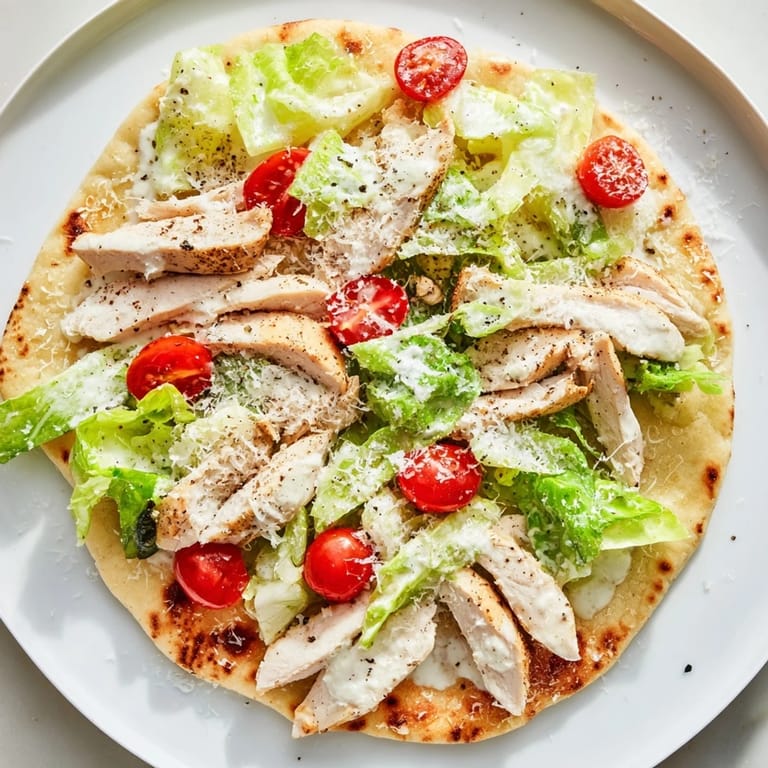 Fresh Caesar Chicken Flatbread served hot, garnished with cherry tomatoes and lemon wedges for a zesty finish.
