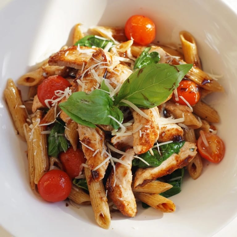 Steam rises from a bowl of Balsamic Glazed Chicken Pasta topped with fresh basil and Parmesan, highlighting the vibrant spinach and al dente noodles.  