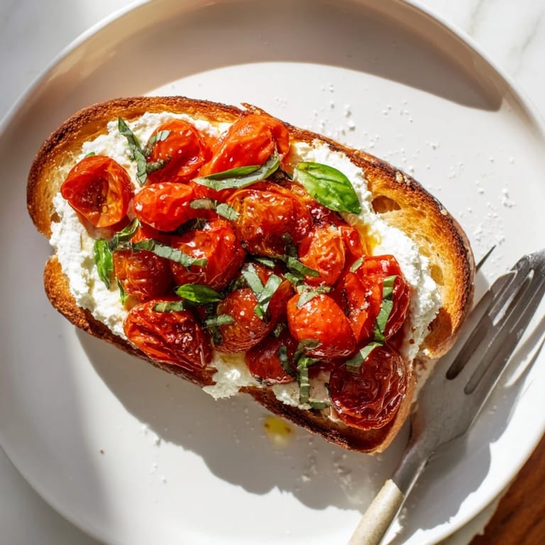 Warm tomato ricotta toast with caramelized tomatoes and smooth lemon-zested ricotta, perfect for a quick vegetarian brunch or snack.