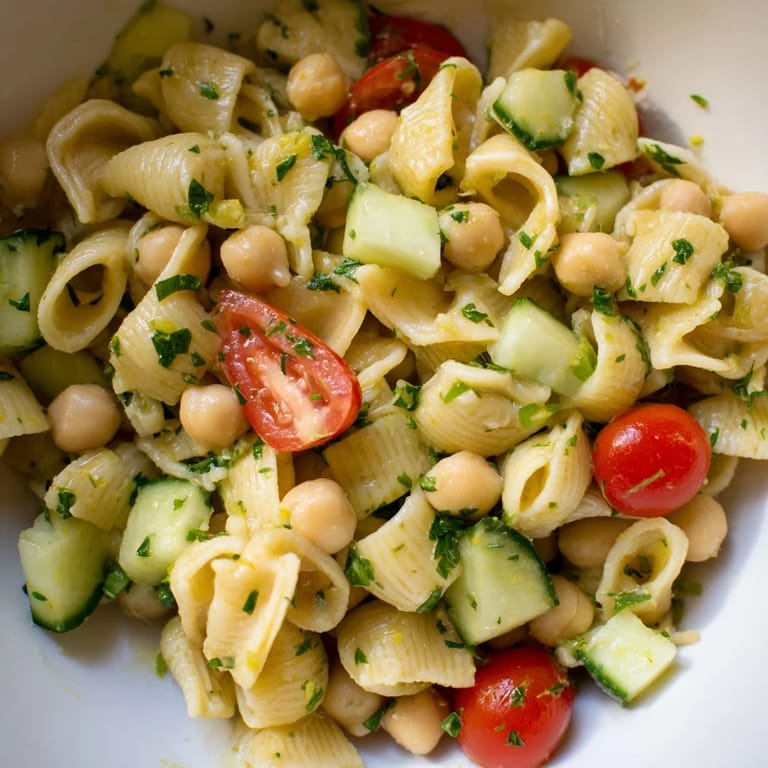 Close-up on a bowl of Lemon Herb Chickpea Pasta Salad, highlighting zesty lemon dressing and bright herbs.