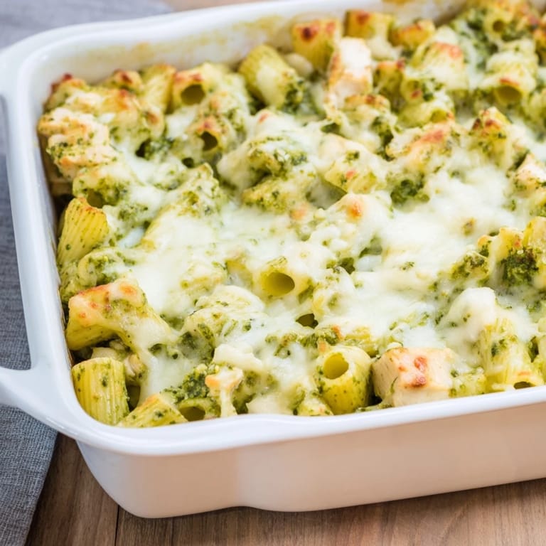 Savory Pesto Chicken Pasta Bake featuring tender chicken pieces, fresh basil garnish, and gooey mozzarella cheese melting over pasta.