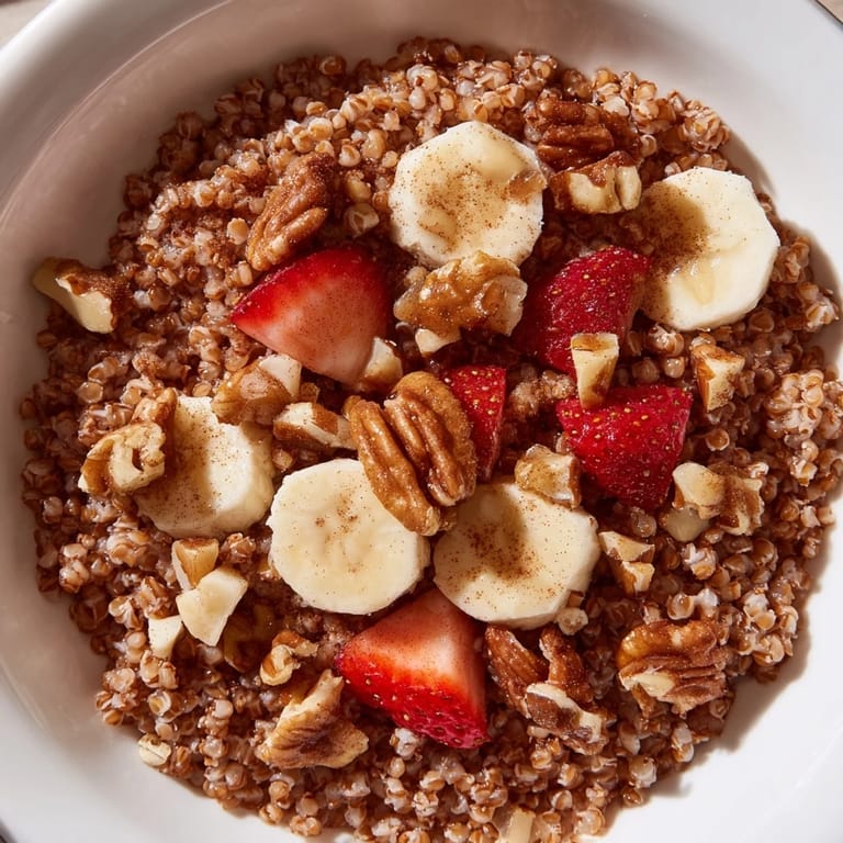 Steam rises from tender, fluffy buckwheat groats, a wholesome gluten-free breakfast bowl with cinnamon and maple drizzle.  