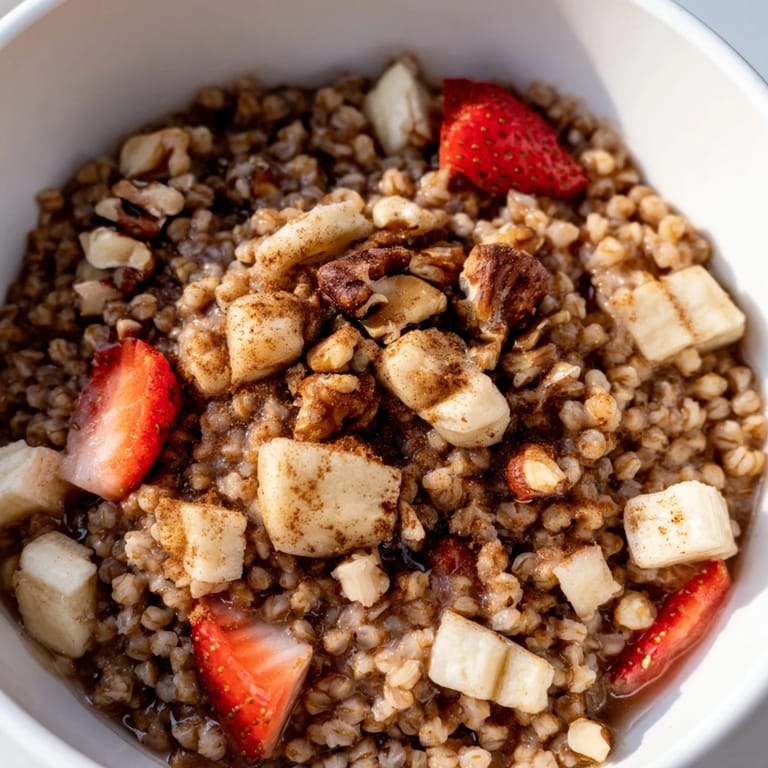 Serving suggestion for buckwheat groats breakfast: creamy milk poured over nutty grains, fruit, and chopped walnuts for crunch.