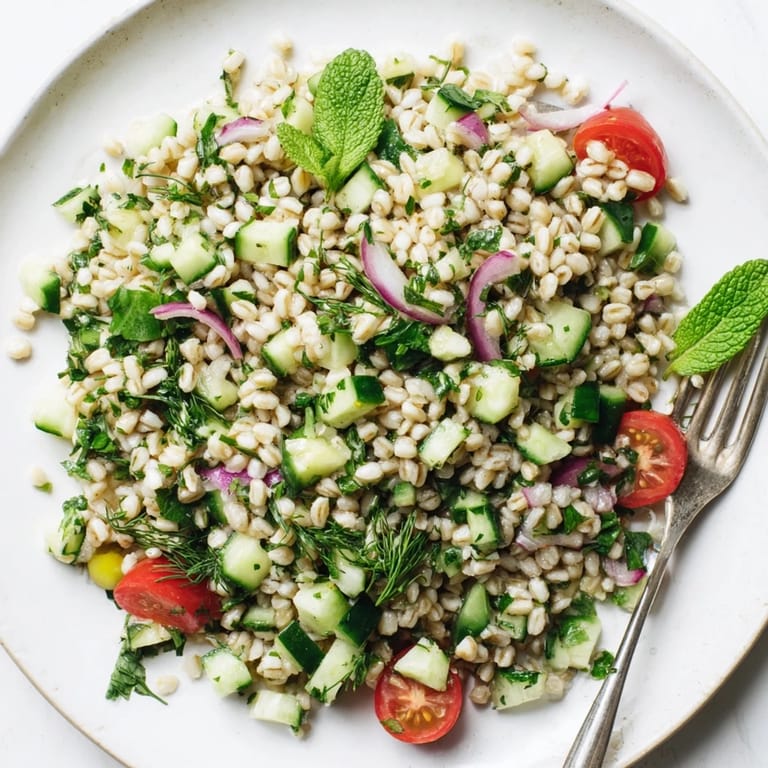 Bright Mediterranean Barley and Herb Salad in a white bowl, featuring red onion and cucumber chunks, ready to enjoy at a sunny lunch table.