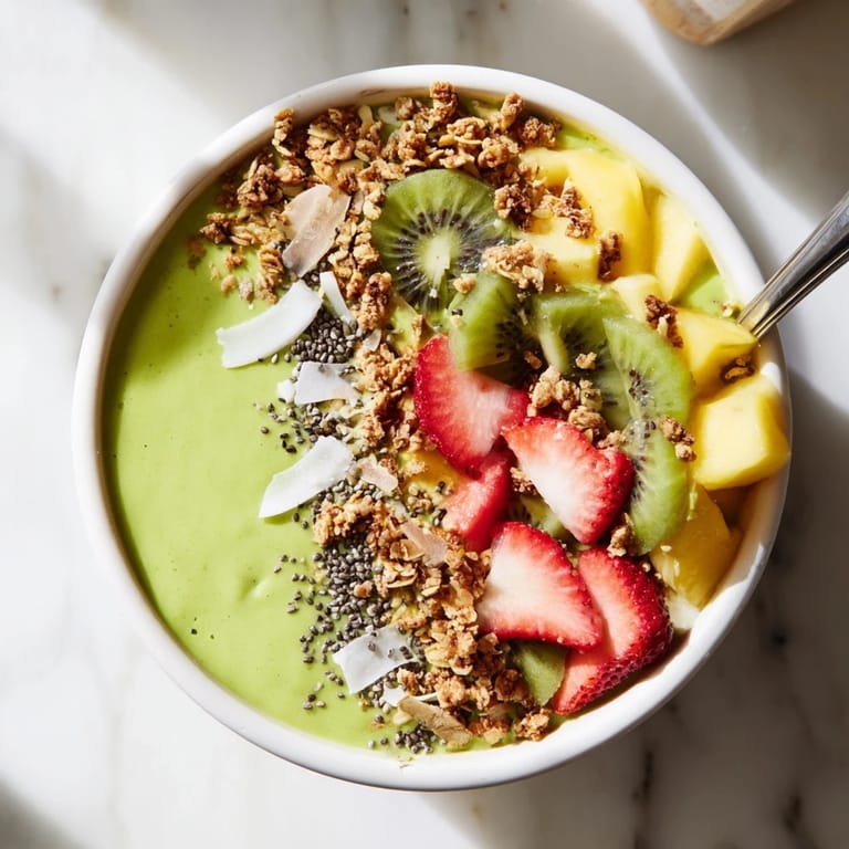 Healthy Green Smoothie Bowl served in a white bowl with coconut flakes and chia seeds.