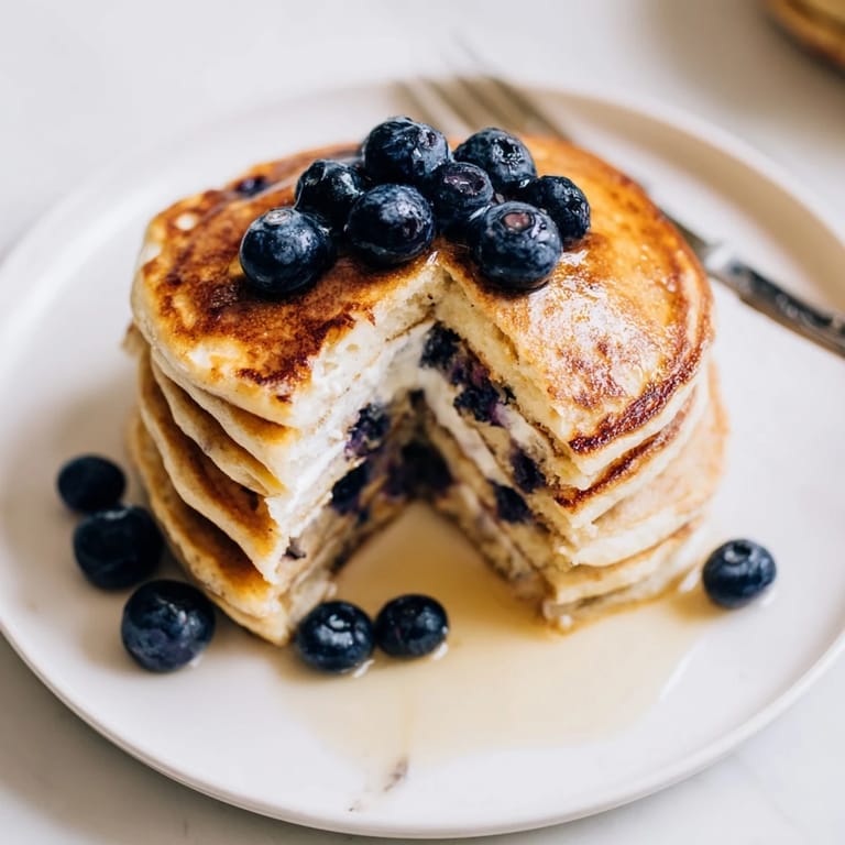 Freshly cooked Protein Power Pancakes cooling on a wire rack, with a bowl of mixed berries nearby.