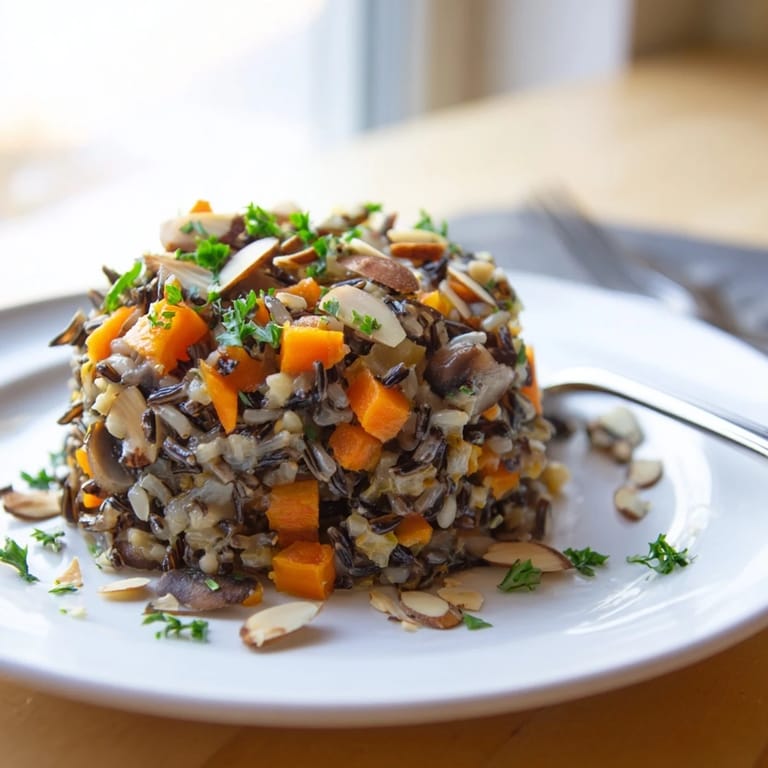 Steaming Wild Rice and Mushroom Pilaf in a white bowl, garnished with fresh herbs, ready to serve as a hearty vegetarian side.