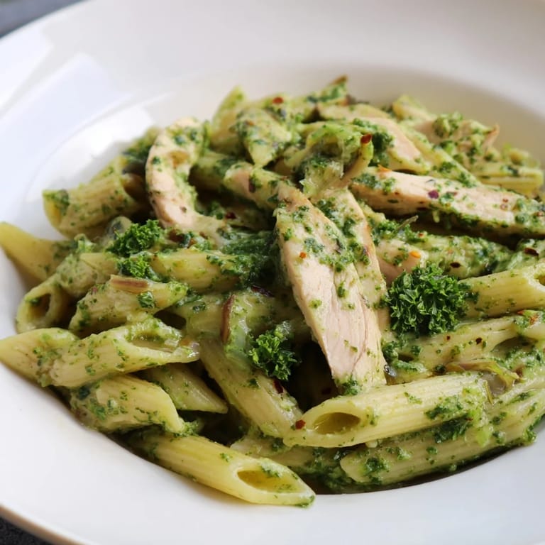Serve Chimichurri Chicken Pasta with lemon wedges and extra parsley for a bright, dairy-free weeknight main dish.