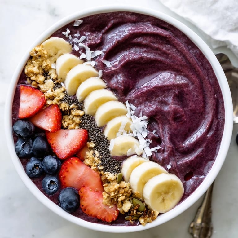 Vibrant, antioxidant-rich acai berry smoothie bowl with chia seeds, coconut flakes, and almond butter drizzle for breakfast.  