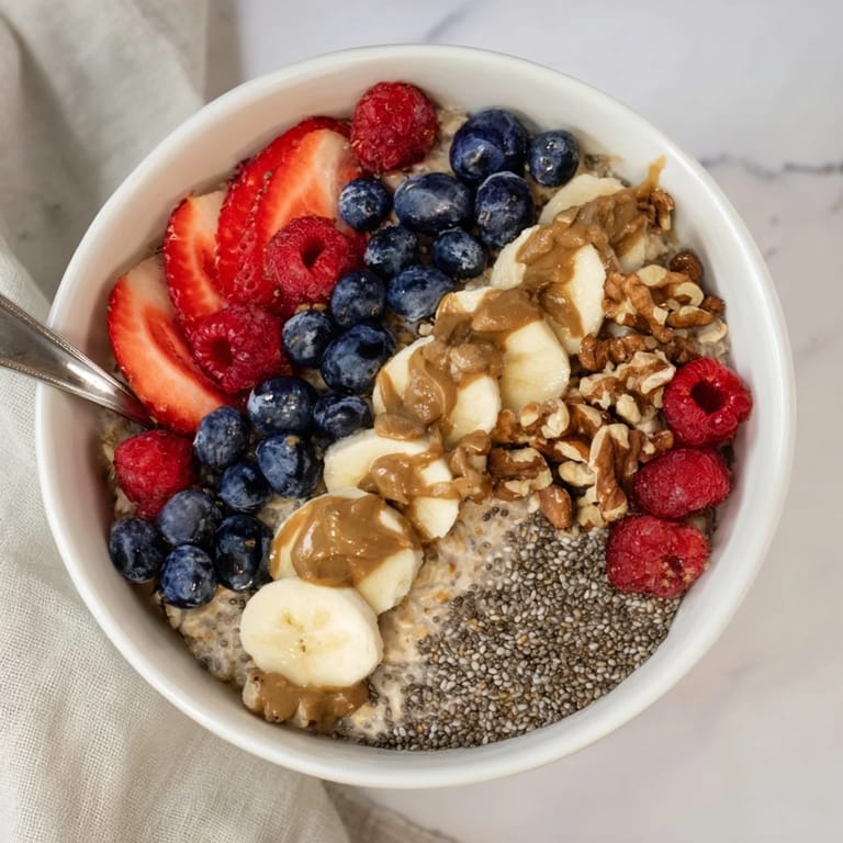Overnight Oats With Chia Seeds served chilled in a glass jar, garnished with raspberries and a sprinkle of pecans for crunch.