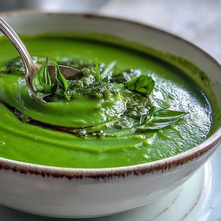 Close-up of bright green Courgette, Pea and Pesto Soup in a ceramic mug, garnished with basil leaves and a drizzle of pesto.