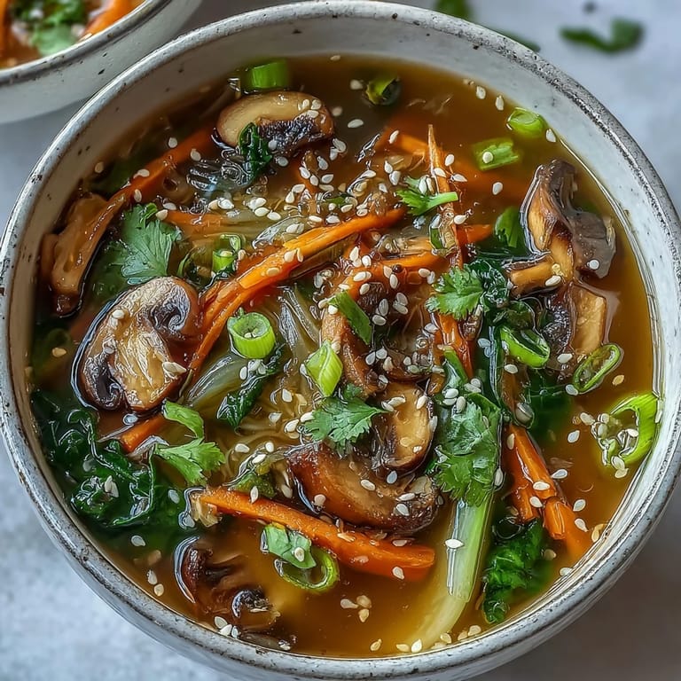Healthy vegan Miso Ginger Winter Soup garnished with cilantro and chili oil drizzle.