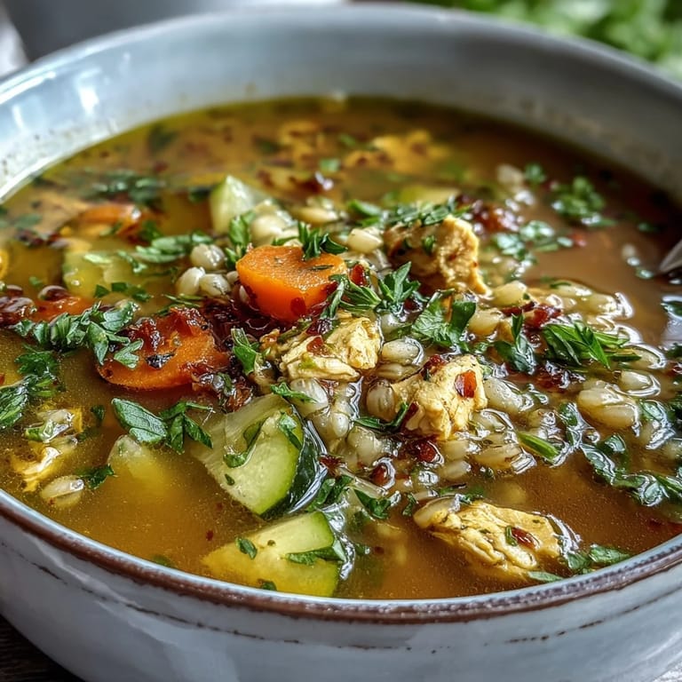 Serving of Soothing Turmeric Chicken With Pearl Barley in a white bowl, featuring tender chicken pieces and vibrant diced carrots on a linen napkin.