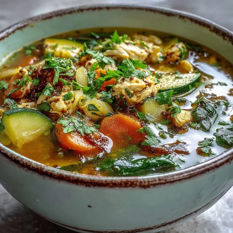 Vibrant turmeric chicken soup in a white bowl with wilted spinach and zucchini, served beside warm crusty bread.