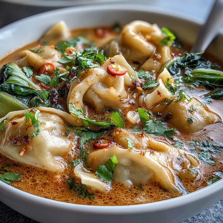 Steaming bowls of Red Curry Wonton Soup with greens, garnished with cilantro and lime wedges for a bright finish.