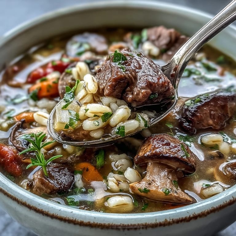A close-up view of Vegetable Beef, Barley, and Mushroom Soup highlights earthy mushrooms and plump barley in a rich, tomato-based broth.